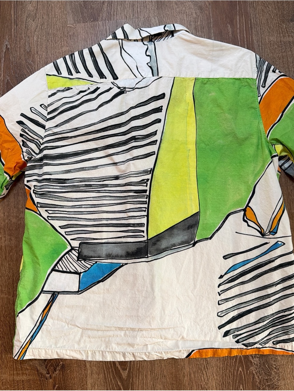 Zara Men’s Short-Sleeve Abstract Button-Down Shirt in White, Lime, Blue & Black - Picture 3 of 5